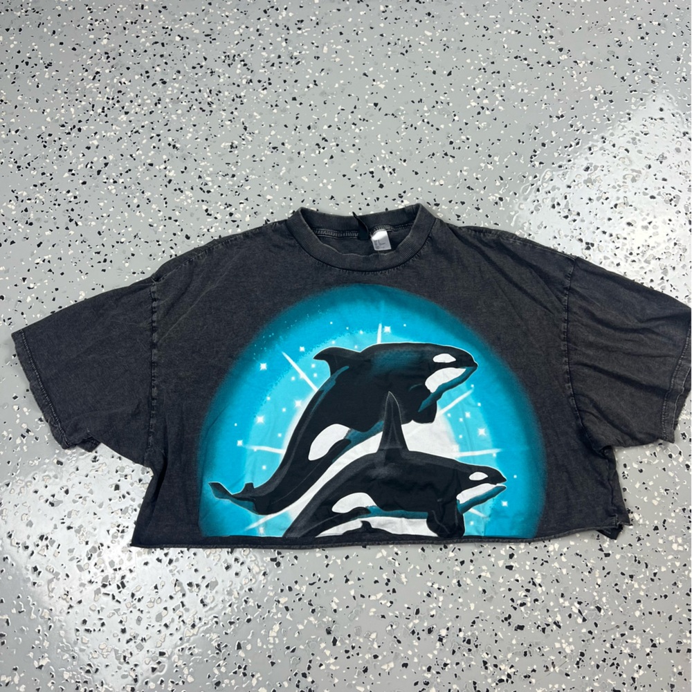 H&M Black Crop Top with Teal Orca Graphic